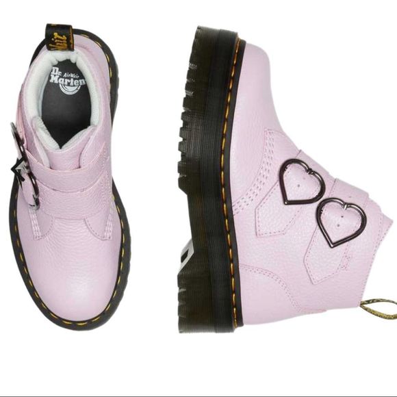 Dr. Martens Light Pink Devon Heart Leather Platform Boots - Picture 7 of 14